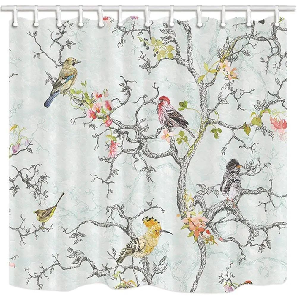 GoHeBe Natural Spring Flowers Shower Curtains Cherry Blossoms with Leaves in White Mildew Resistant Polyester Fabric Bathroom Bath Curtain Shower Curtain Hooks Included 71X71in