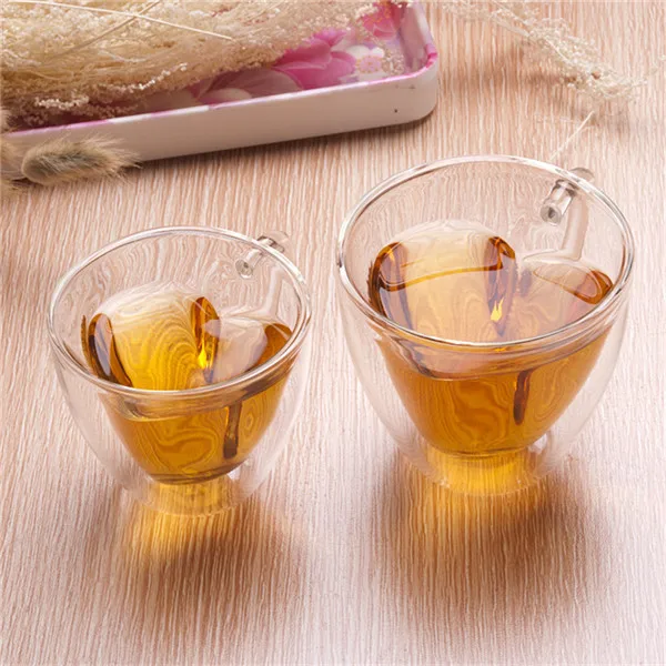 Heart Shaped Clear Double Wall Glass Tea Cup With Handle Lovers Coffee Afternoon Tea Double
