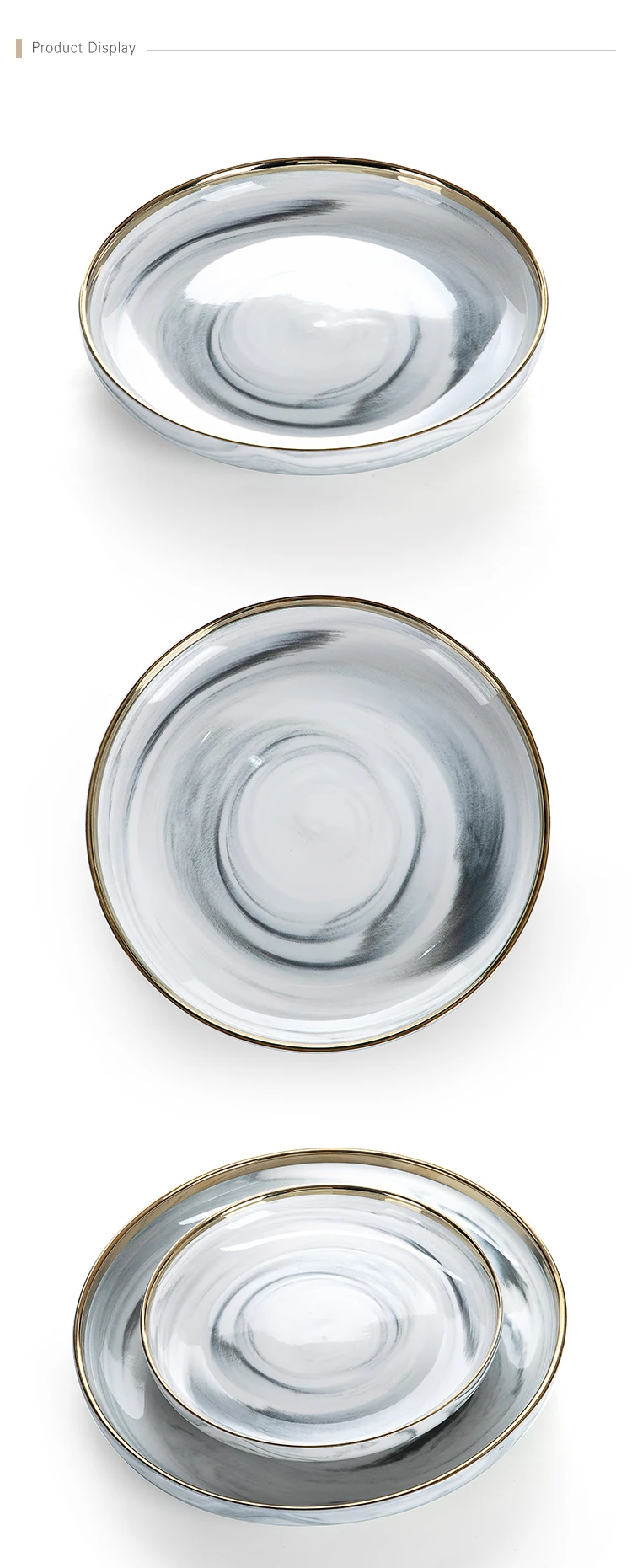 Best Selling Gold Rim Grey Flat Round Ceramic Porcelain Marble Charger Plate, European Gold Rim Grey Marble Dish,  Marble Plate^