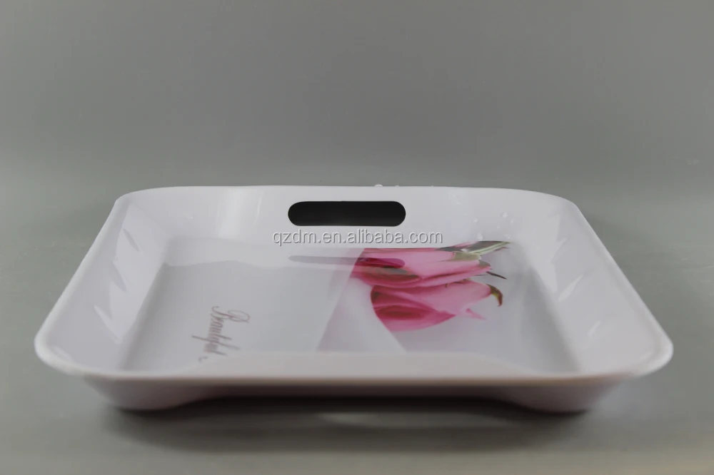 Beautiful Flower Printing Melamine Trays With 2 Handles