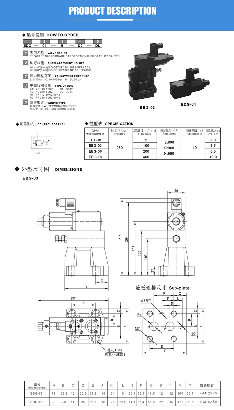 EBG-03-V-C electrical hydraulic pilot relief proportional valve