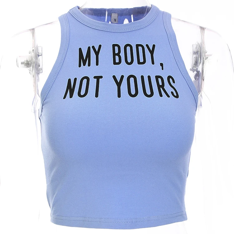 White Word My Body Not Yours Halter Basic Sleeveless Tight Crop Tank Tops Sexy Black Blue T