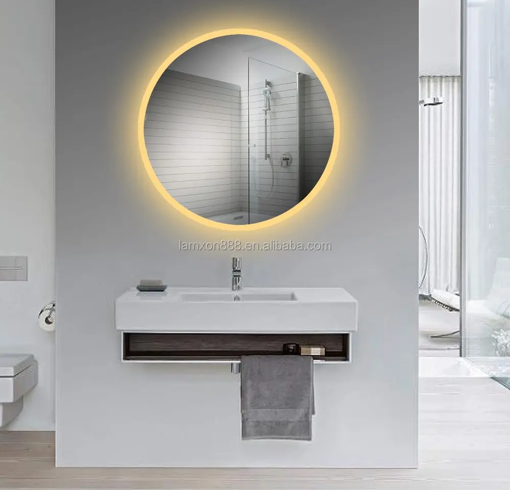 Contemporary warm lighting acrylic LED round frameless mirror for hotel bathroom decoration