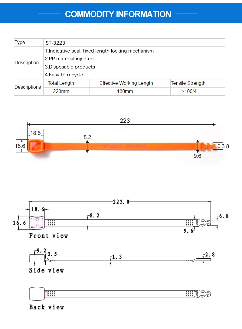 St3223 223mm Hs Code 3926909090 Fixed Length Bank Atm Plastic Seal