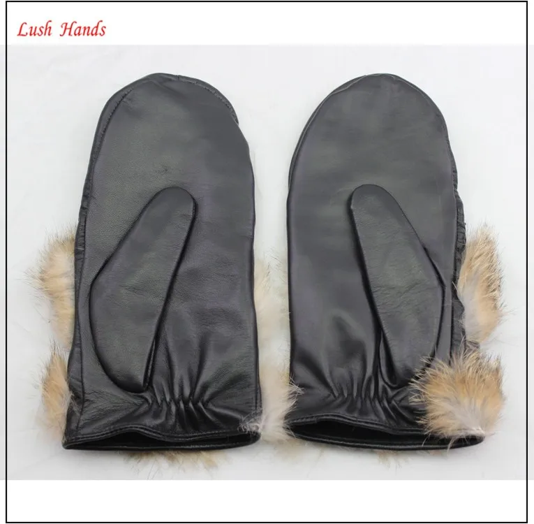 women warm winter rabbit fur genuine leather mittens with belt