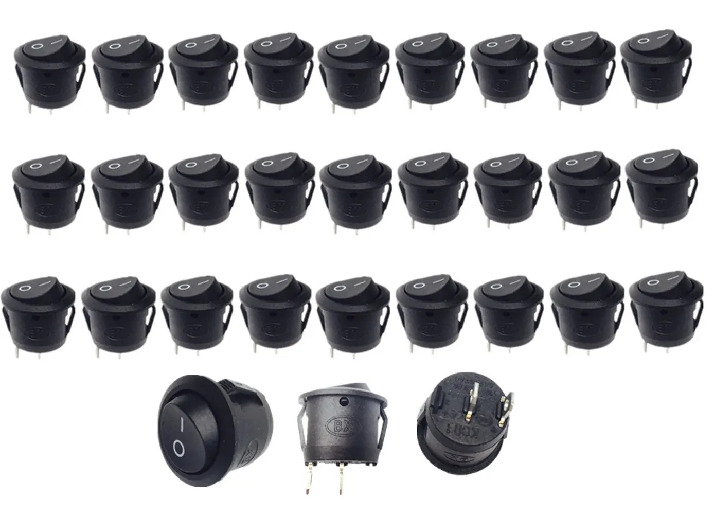 Lsgoodcare 30PCS Round Type Switch Black AC 6A 250V 10A 125V 2 Pin ON/OFF I/O SPST Snap in Mini Boat Rocker Switch