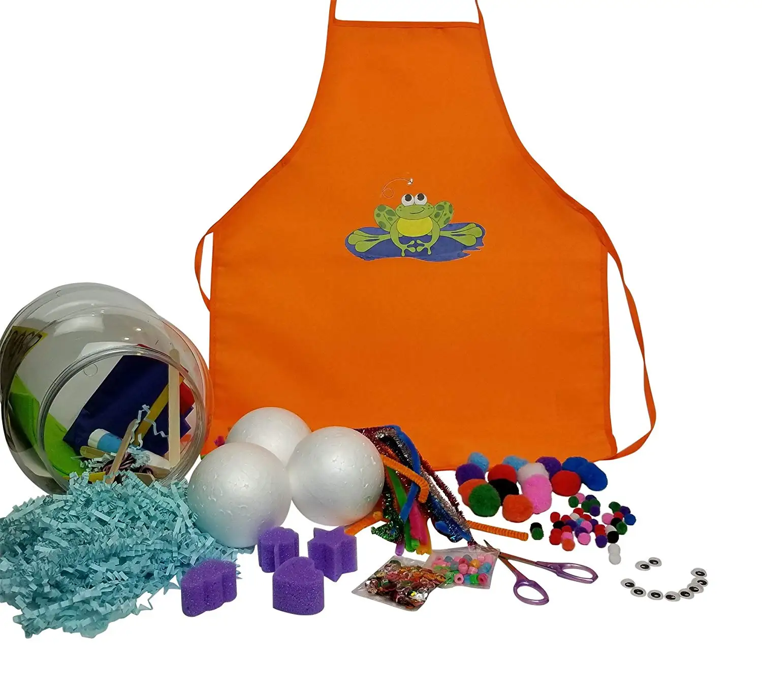 Kids Apron Craft Supplies In Jar Pipe Cleaners Googly Eyes Pom Poms Beads Popsicle Sticks