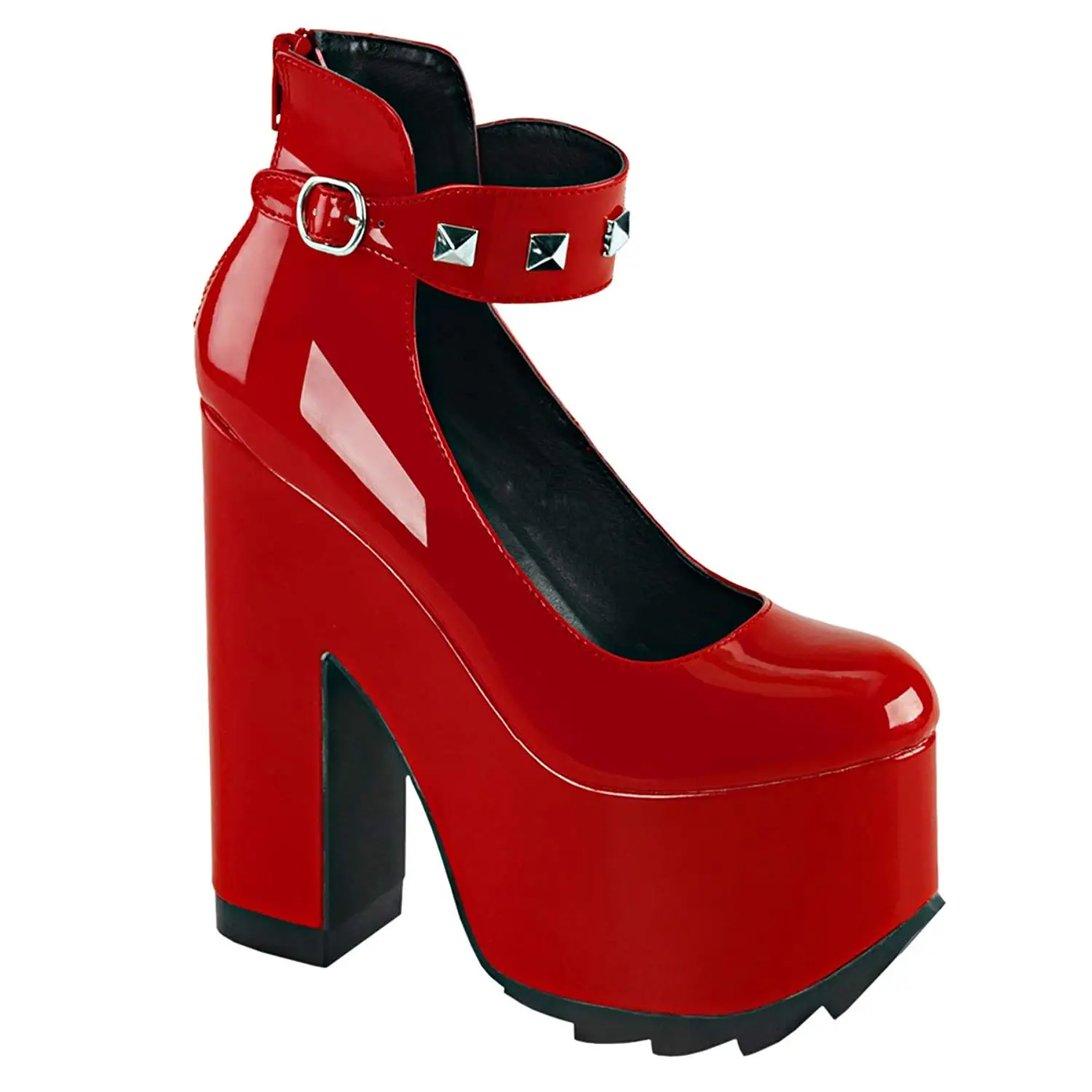 red thick heel pumps