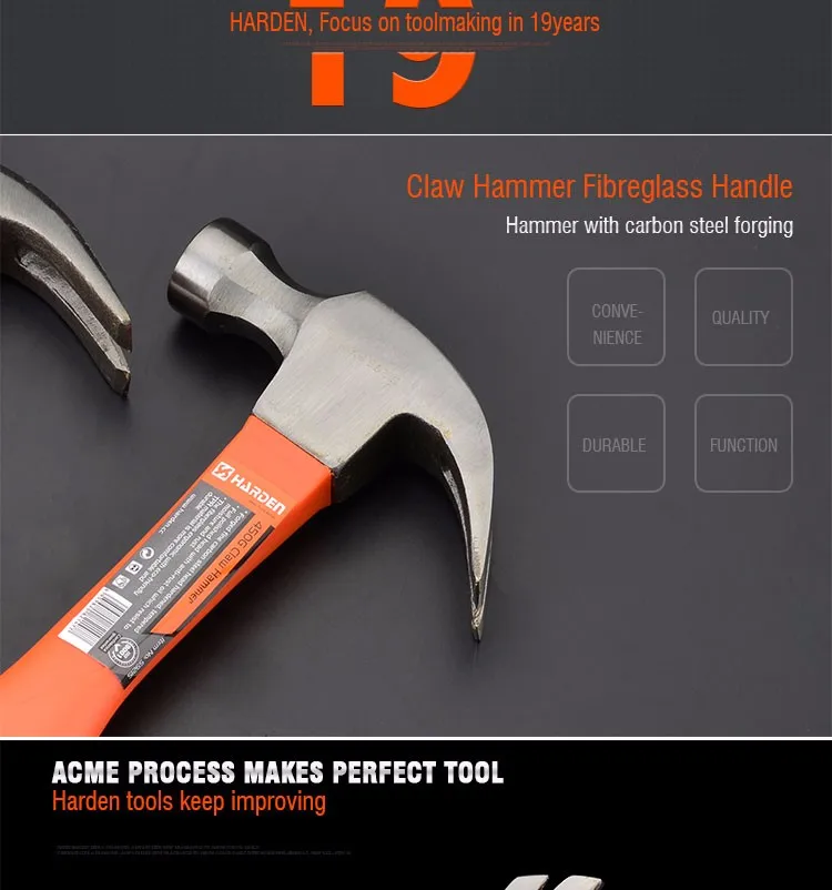 Professional Carbon Steel Hand Tool Fiberglass Handle Claw Hammer