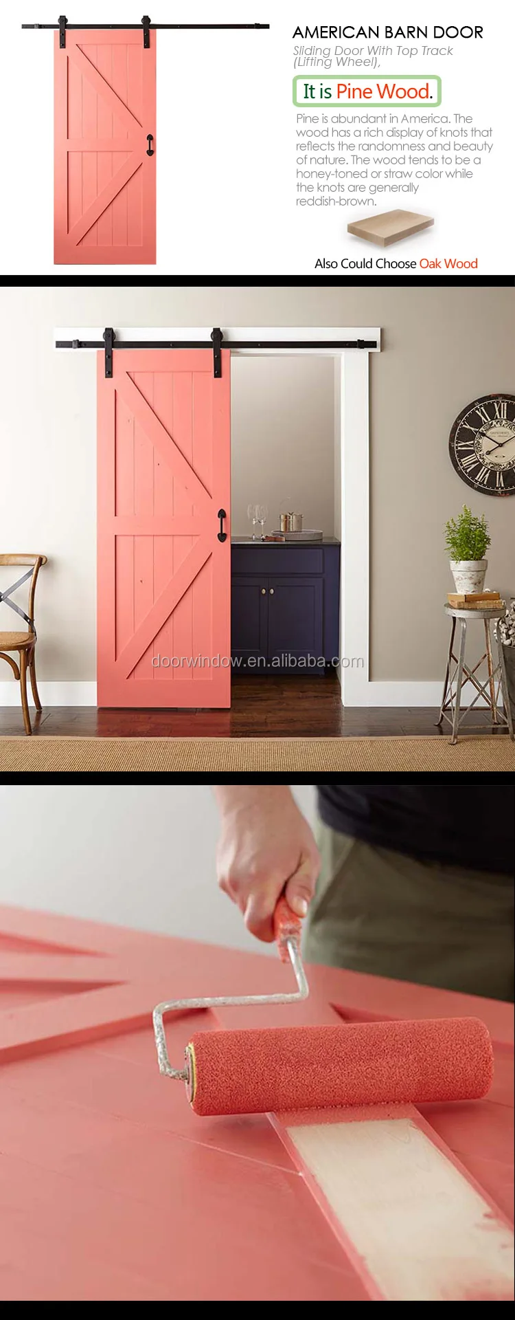 Fashion Design pink paint color pine larch cherry wood High Quality Wooden Fairy sliding barn Door
