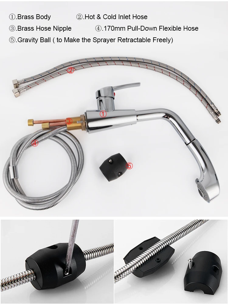 Chrome Single Handle Upc Retractable Pull Out Down Sprayer Kitchen