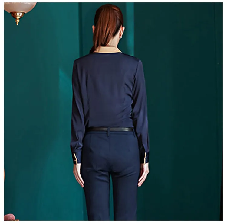 womans navy blue shirt