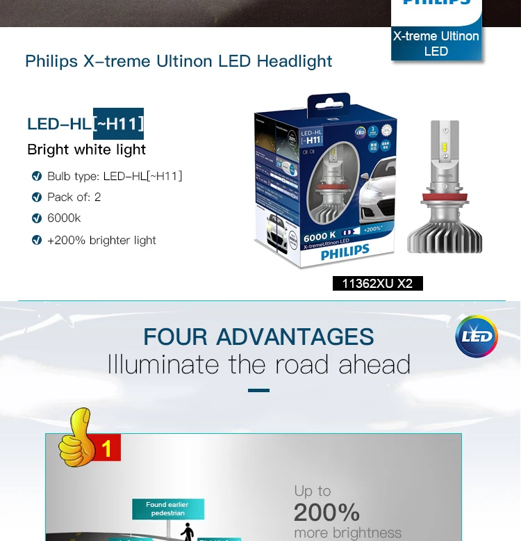 Philips X-treme Ultinon LED H11 12V 11362XUX2 6000K Luminoso Auto HA  CONDOTTO il Faro Auto HL Fascio Lampada + 200% più Luminoso (Twin Pack)