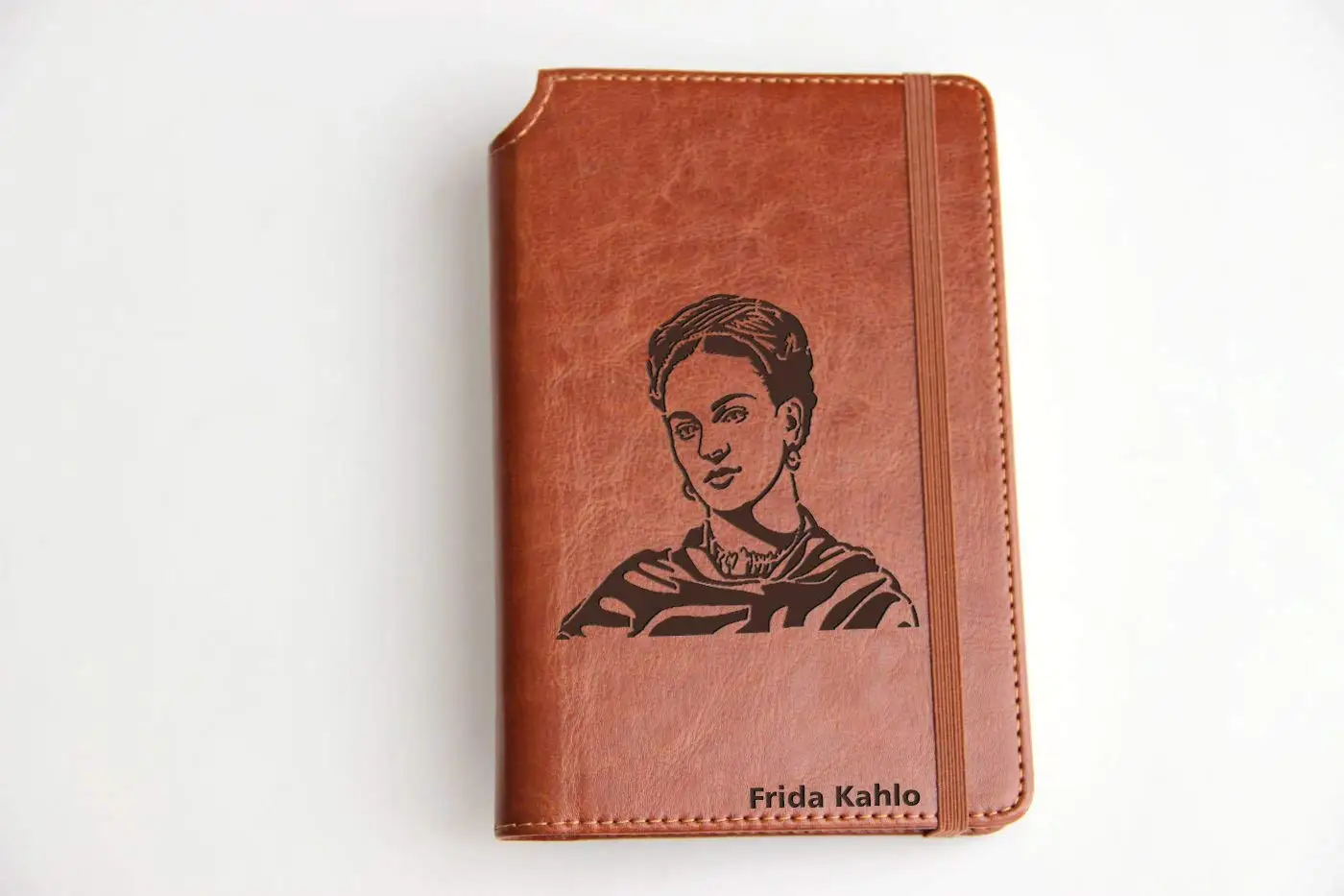 Frida Kahlo illustrated Journal Customizable laser engraved Fully Customizable laser engraved personalized Journal with custom quote custom text leather bound with elastic band with the same color