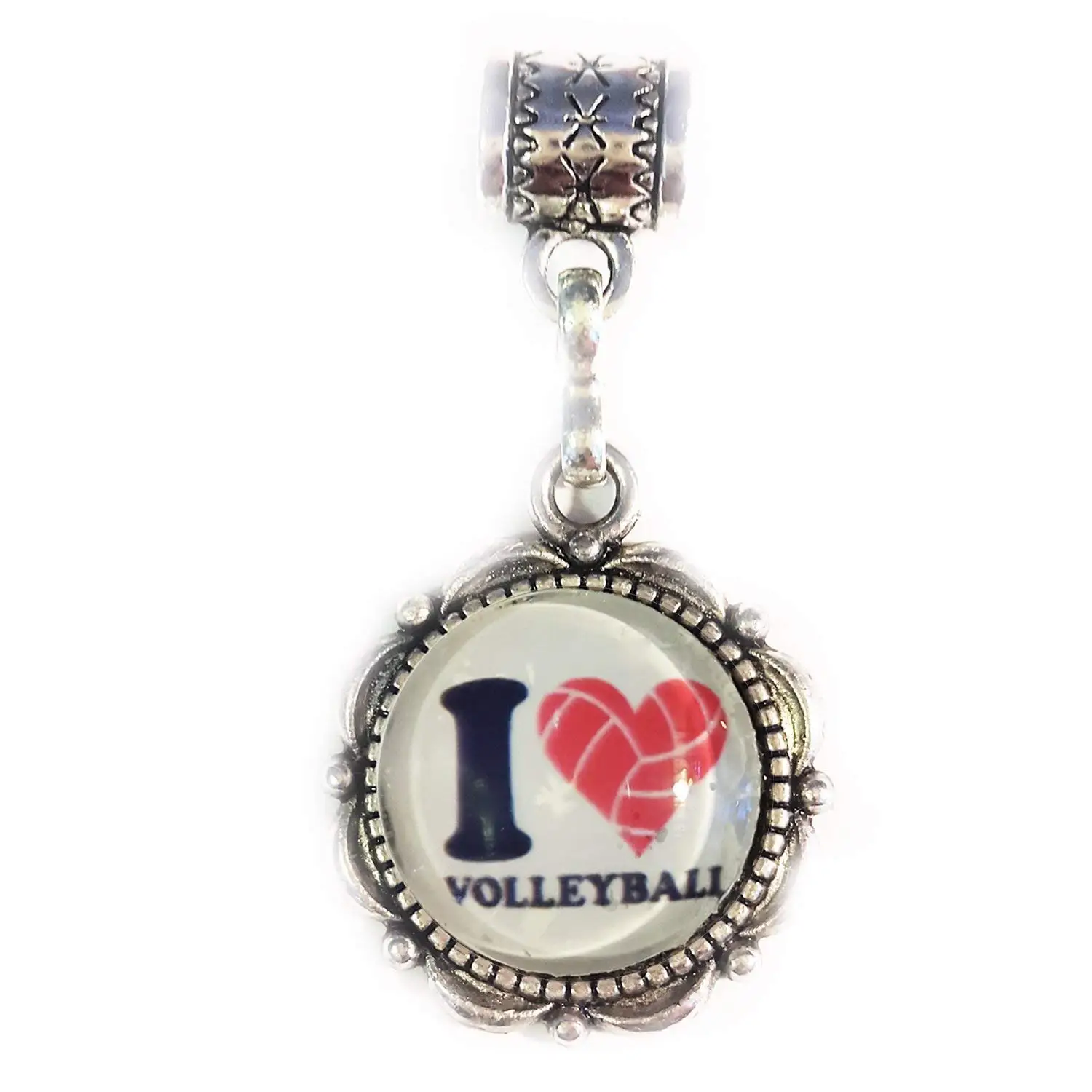 "I Love Volleyball" antique Silver Hanging charm for large hole style charm bracelets