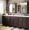 Featured dark brown bath vanity with marble top