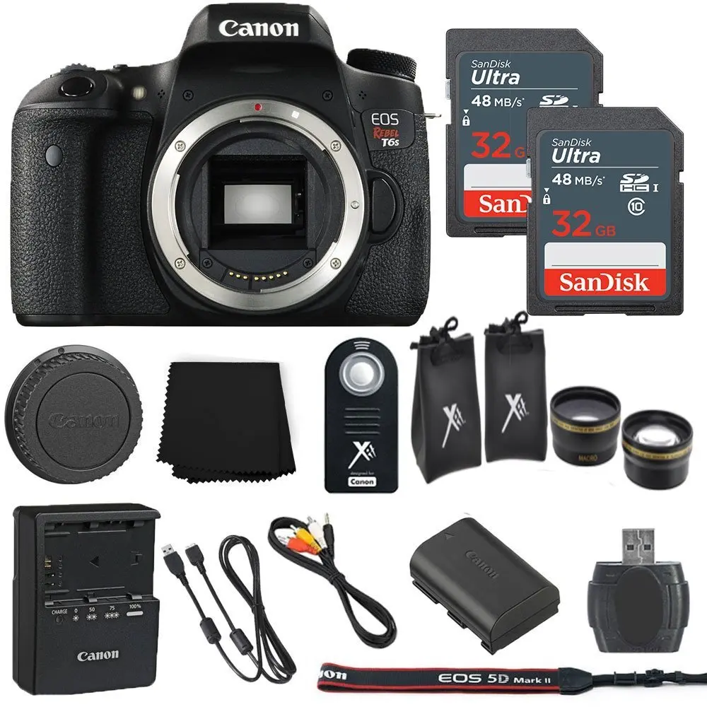 Canon EOS Rebel T6s 24.2MP Digital SLR Camera Body Only + 2 32GB Sandisk Ultra SD Cards + Macro and Wide Angle Auxiliary Lenses + Wireless Shutter Remote+ Memory Card Reader - International Model