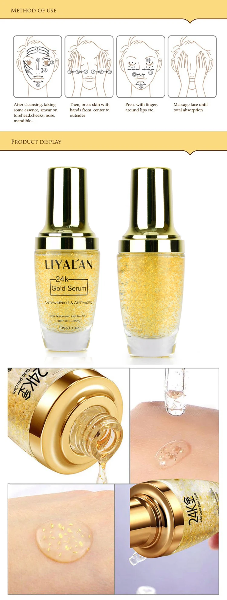 Hot selling skin care 24k Gold Essence Anti Aging Firming Face Serum