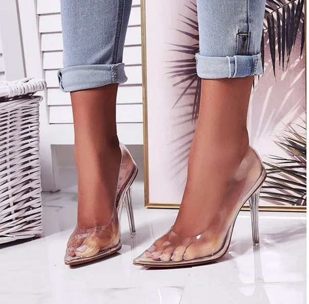 CSS361 de cristal de moda pvc claro peep toe bombas de las mujeres sexy transparente caliente zapatos de tacón alto