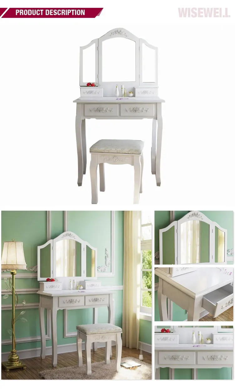 French style bedroom furniture wooden white dressing makeup vanity table with mirror