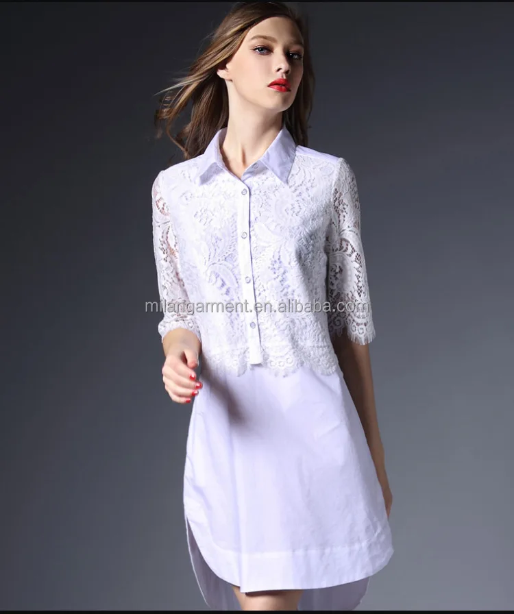 OEM/ODM Low MOQ  fashion women scallop lace half sleeves summer sexy office lady white shirt dress