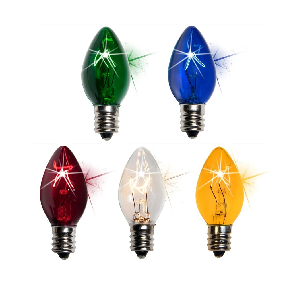 Incandescent Miniature Candle Bulb C7 Twinkle Clear/Yellow/Red/Blue/Green Triple Dipped Transparent Christmas String Light Bulbs