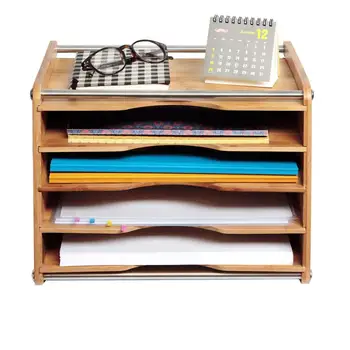 5 Tier Bamboo Office Document File Organizer Desktop Mail Letter