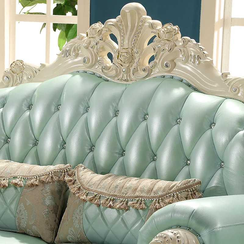Light Green Luxury Genuine Leather Solid Wood Sofa Set For Living Room