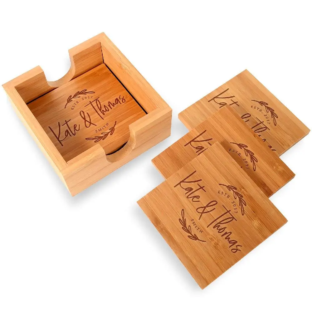 Be Burgundy - Personalized Name Coaster with Holder - 4 pcs Bamboo 4" x 4" Square Personalized Coasters - FREE ENGRAVING - Bamboo Coasters for Drinks with Holders - 2