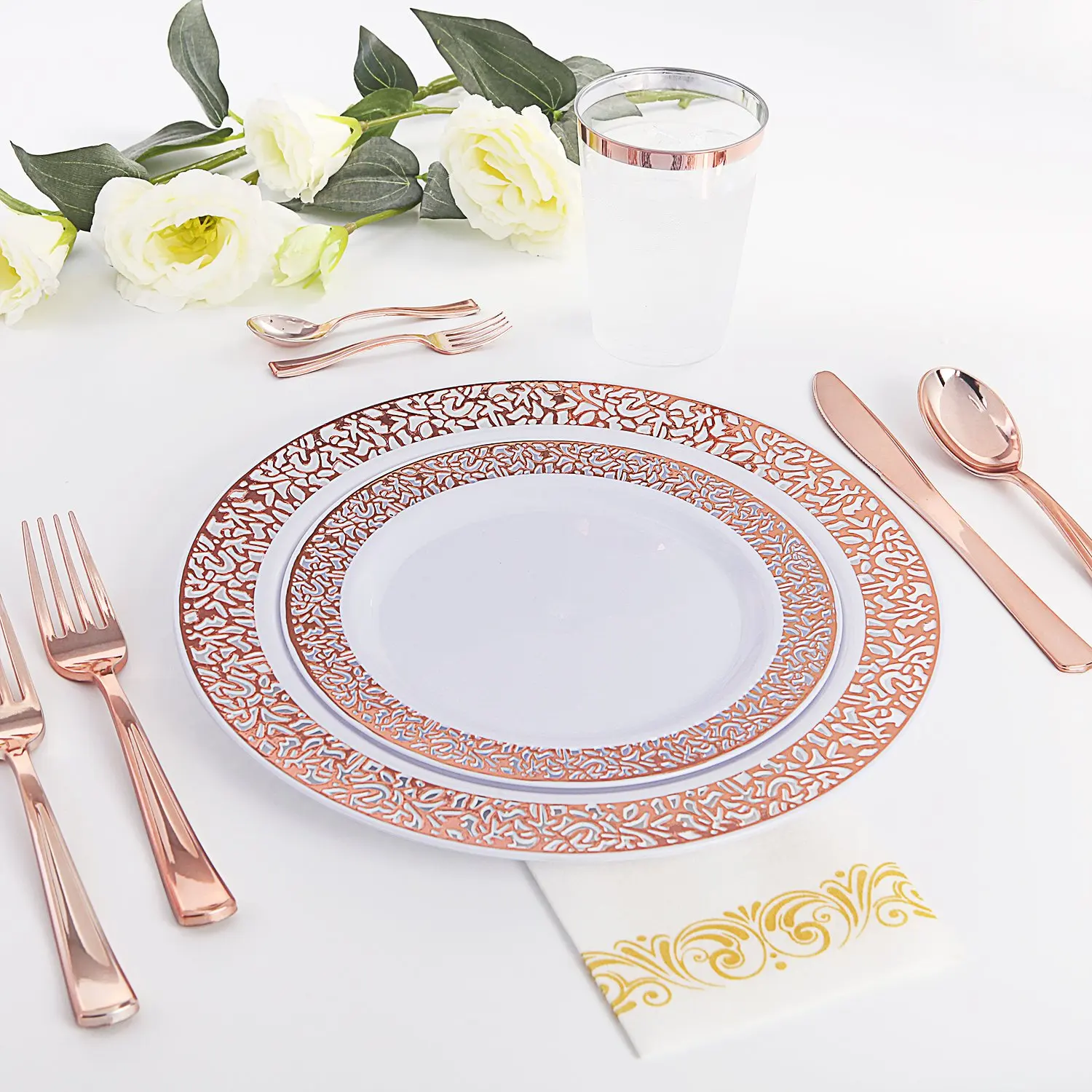 Rose Gold rose gold Rose Gold Plastic Silverware 60pcs Rose Gold Plastic Plates Disposable Wedding Plates in Heavy Weight,Enjoylife Gold Plates for Parties 