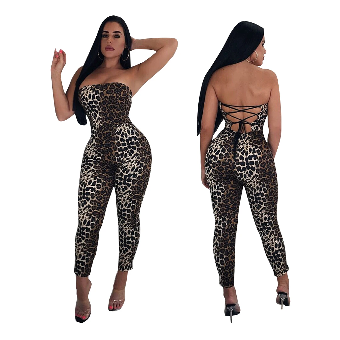 Club Party Sexy Leopard Print Open Back Strapless Bodycon Jumpsuits ...