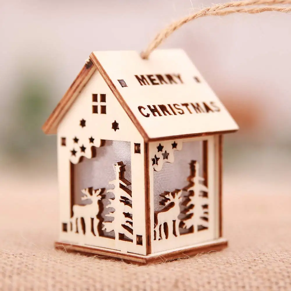 Christmas Tree Ornaments Decorations, Cabin LED Light Wood Chalet Hotel Cabin Christmas Pendant Decoration Holiday Party, Home Décor