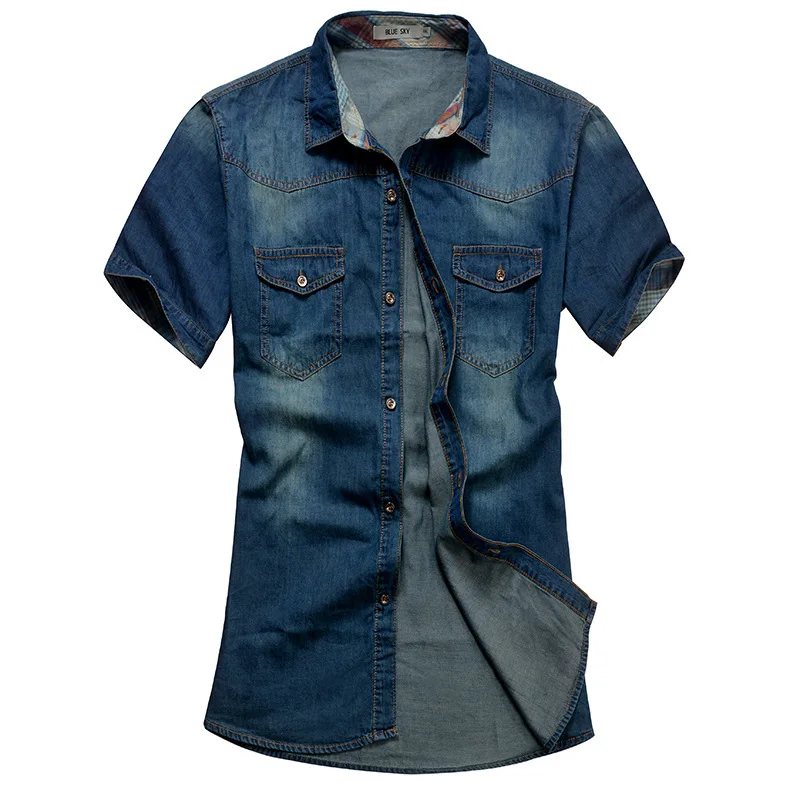 Men Jeans Shirt Cotton Thin Short Sleeve Denim Shirts Men s Single Breasted Patchwork Cowboy Camisas