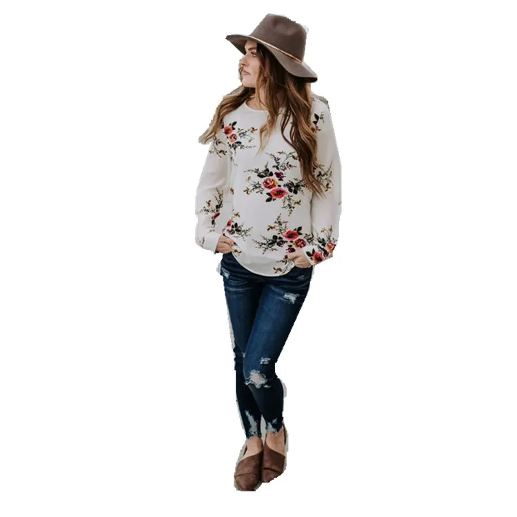 Wholesale Women Clothes Button O-Neck Long Sleeve Print T-Shirt