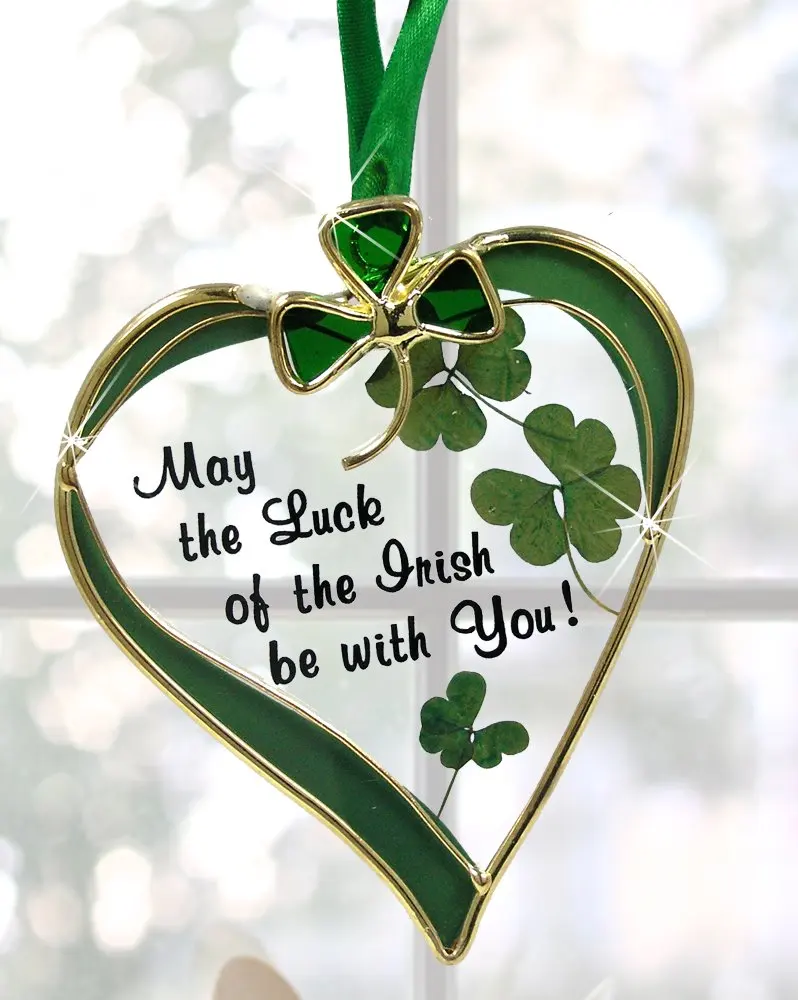 Irish Suncatcher - Glass Heart Sun Catcher with Shamrock Designs - May the Luck of the Irish Be with You - Irish Gift
