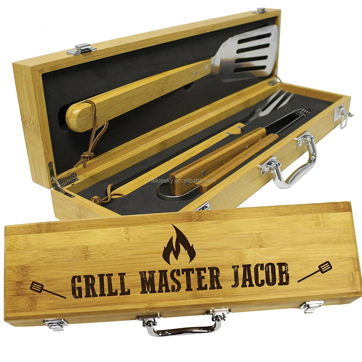 High Quality 3piece Barbeque Tools Set With Wooden Box Buy Barbeque