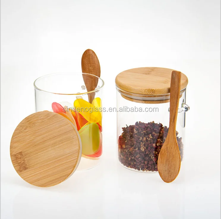 Tiny Glass Jar Small Wooden Spoon 8 Oz Glass Jar With Bamboo Lid And