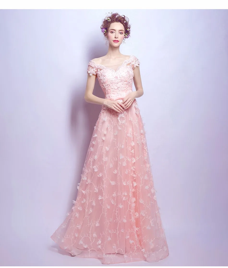 露肩袖粉色公主鸡尾酒会礼服脚踝全长晚礼服