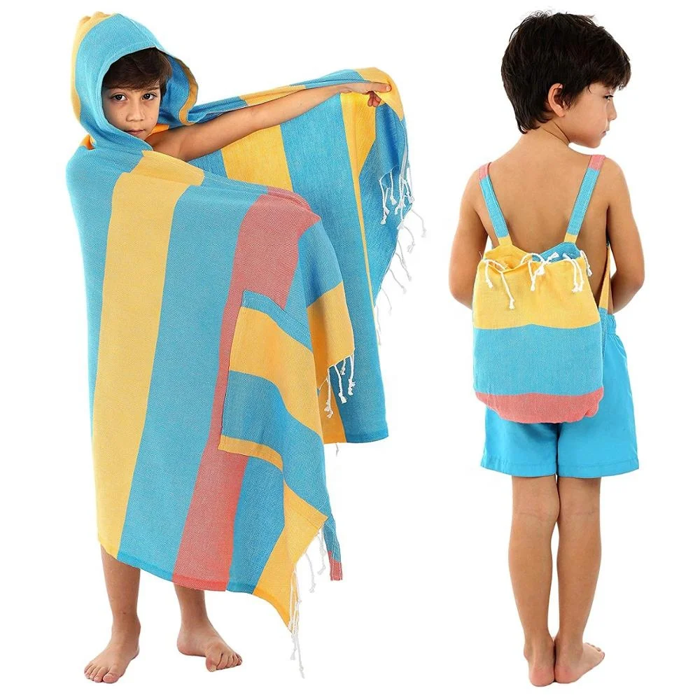 Personality Kids Poncho Towel Surf Kids Hooded Towel Custom Cotton Turkey Stripe Kids Back Pack manufacture