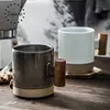 Wholesale two layers wooden handle ceramic coffee mug