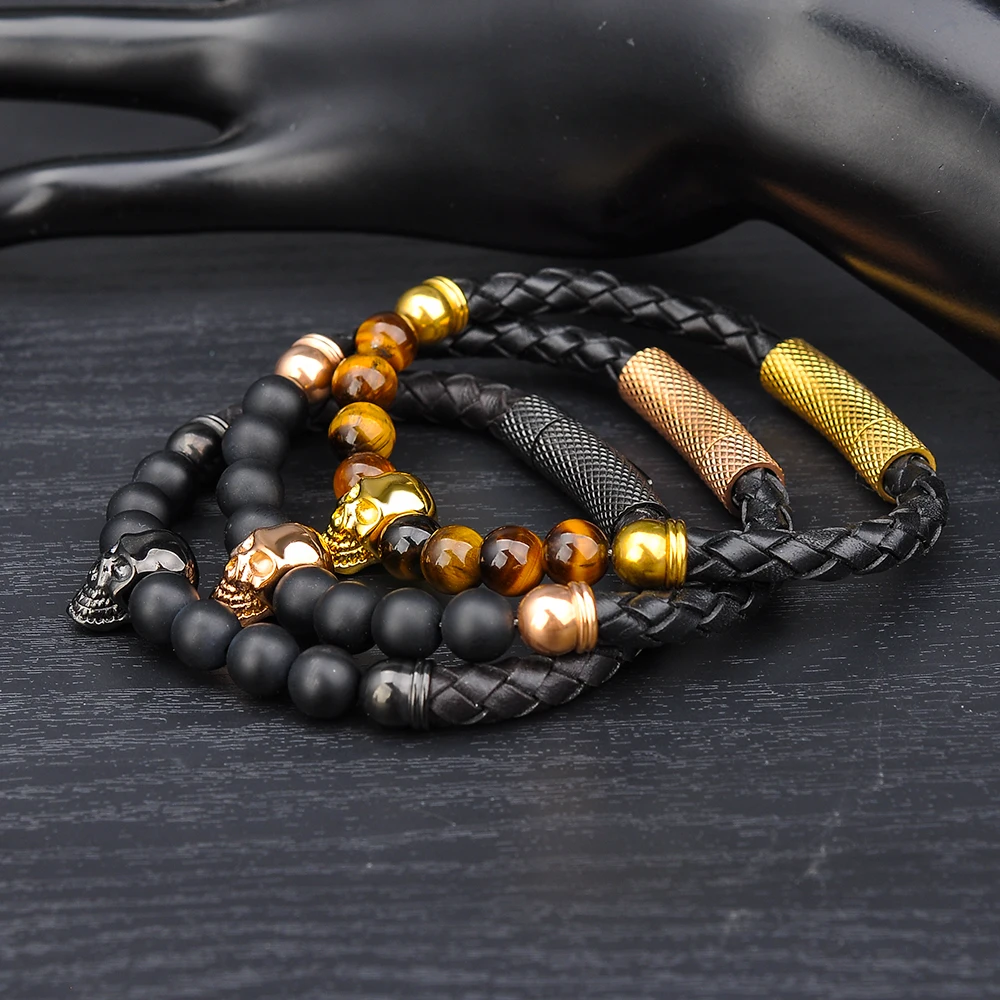 Fashion Tiger Eye Stone Bead Gold Skull Charm Leather Bracelet For Men,Mens Bracelets Skull Jewelry