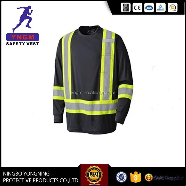 Black reflective long sleeve safety t shirt