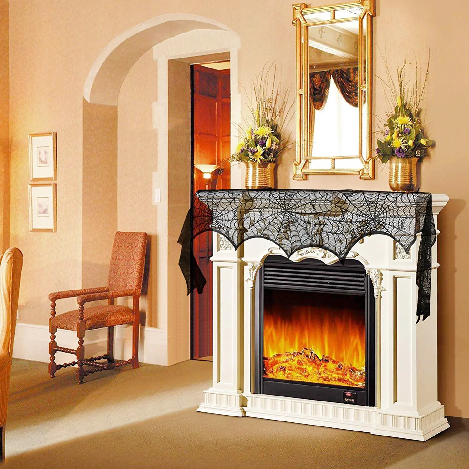 18 x 96英寸万圣节装饰蜘蛛网壁炉壁炉围巾黑色蕾丝蜘蛛网封面为家庭