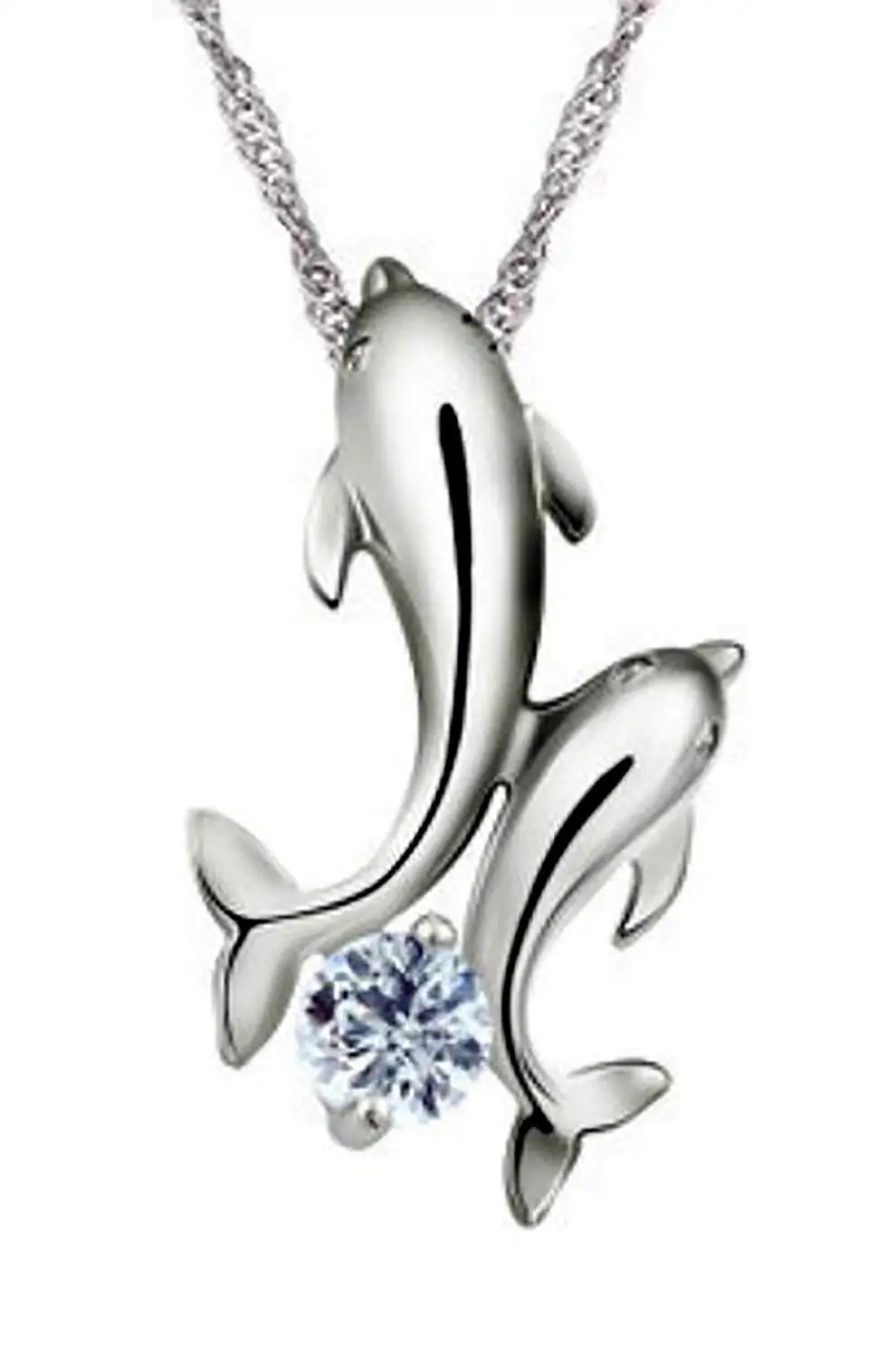 Ginger Lyne Collection Dolphins CZ Sterling Silver Pendant Water Waves Chain Necklace