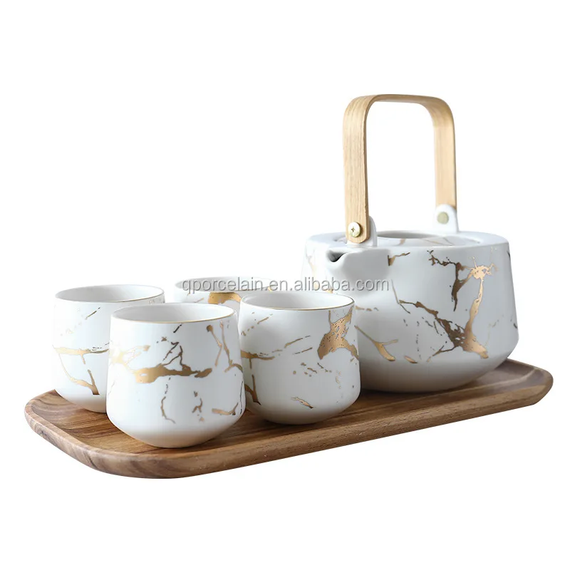 New Arrival Black White Modern Gold 5pcs Ceramic Teapot Set With Four