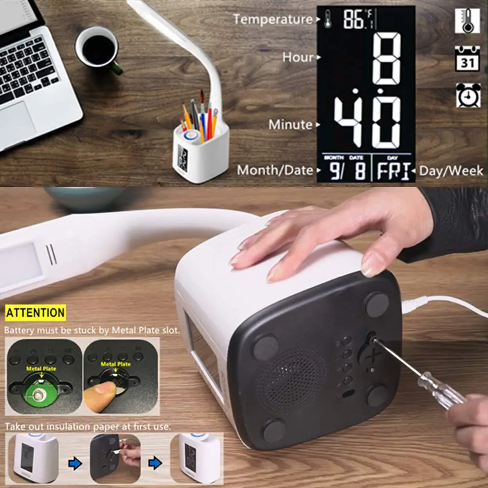 2020 LED Charging Table Lamp with Clock, Pen Holder, Thermometer, Calendar