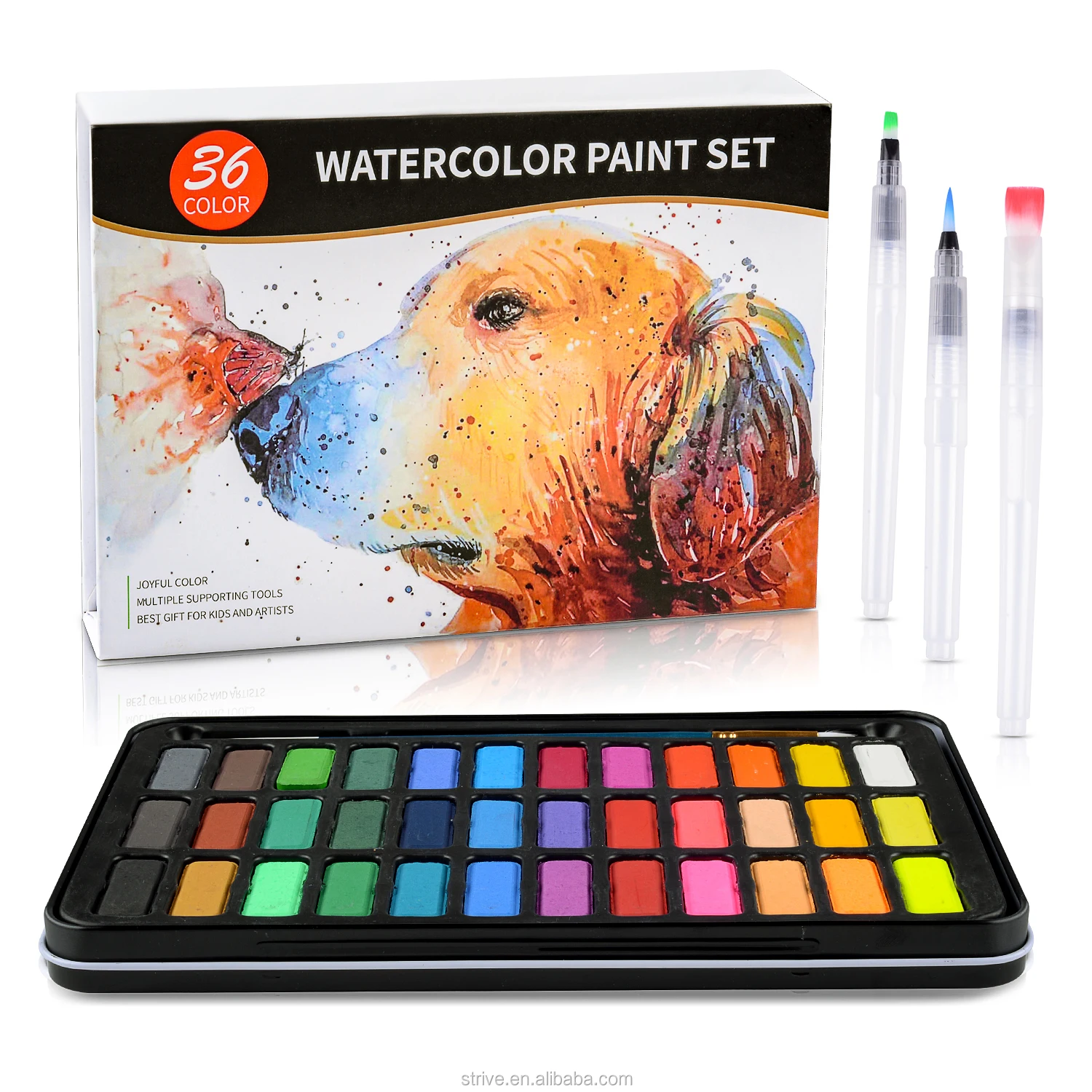Amazon Hot Selling 36colors Solid Watercolor Paint Set With 8pcs 300g
