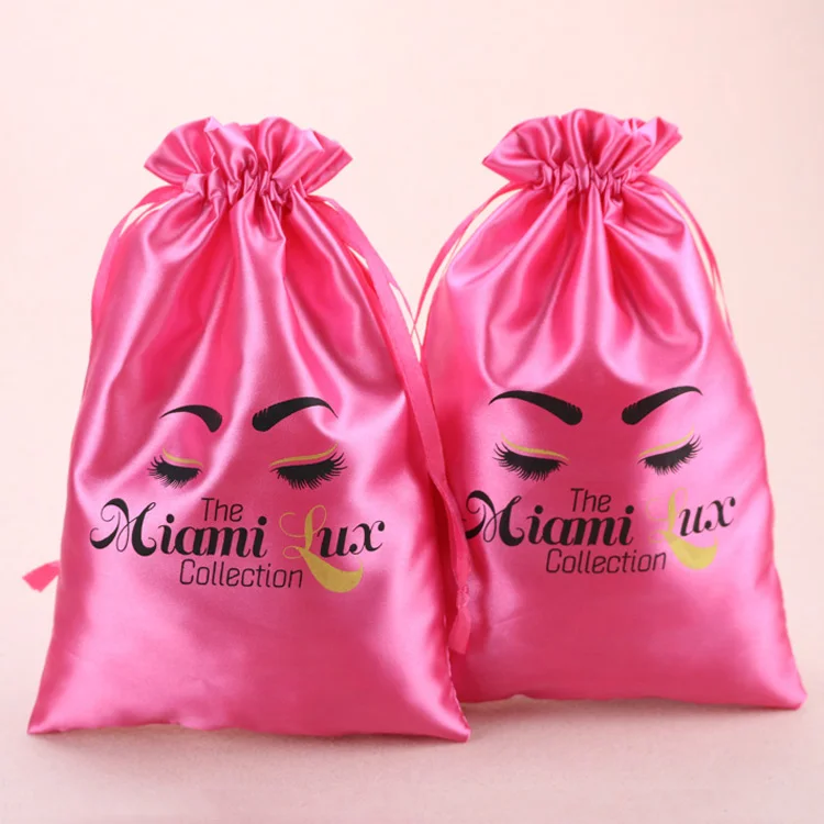 Customized Printed Hair Extension Packaging Pouch Drawstring Satin Bags