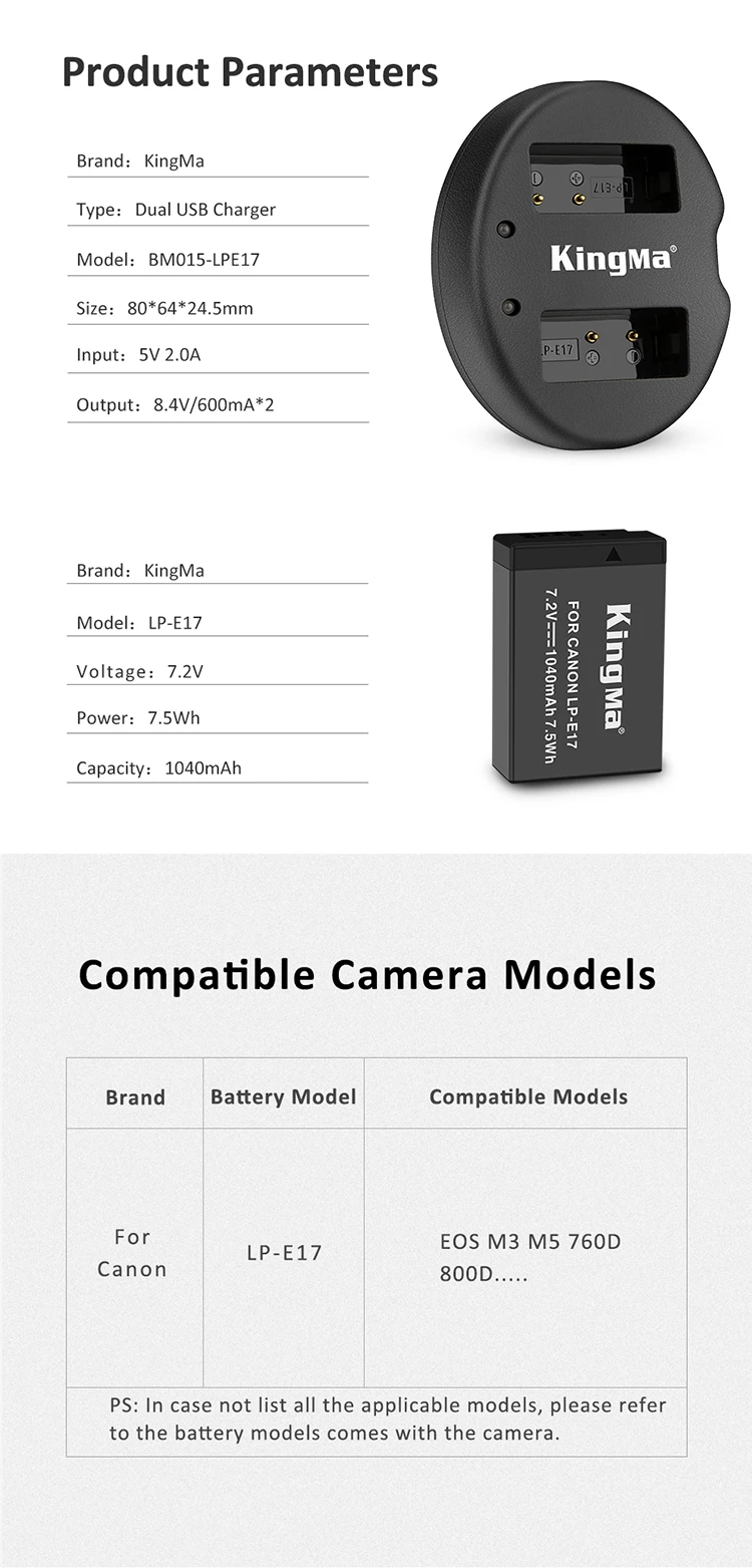 KingMa Hot Bán LP-E17 Pin (2 Gói) Và Bộ Sạc USB Kép Kit Với Bảo Vệ Trường Hợp Đối Với Canon EOS Rebel T6i T6s T7i 750D 76