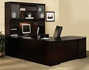 Mayline U Shaped Bow Front Desk W/Hutch Overall Footprint: 72" X 111" X 72" Bow Front Desk: 72"W X 39"D X 29 1/2"H Bridge: 48" X 20", Credenza: 72"W X 24" - Espresso - Bridge on Left (Right Shown)